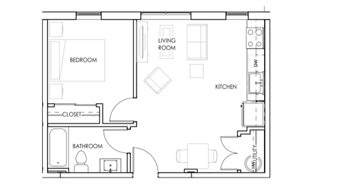 Floor plan for 1 bed, 1 bath, 520 sqft
